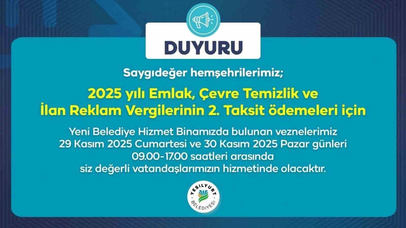 Yeşilyurt Belediye vezneleri hafta sonu açık