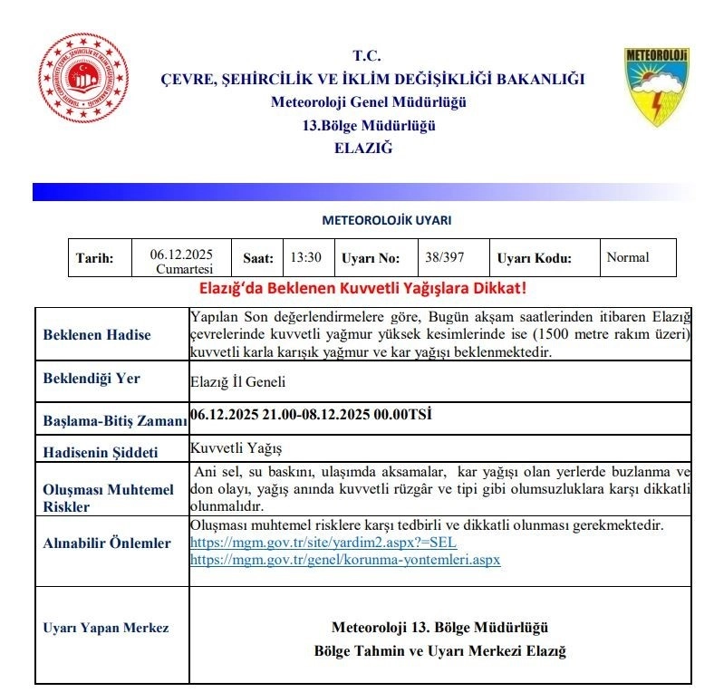 Meteorolojiden 5 Doğu Anadolu İli İçin Kuvvetli Yağış Uyarısı